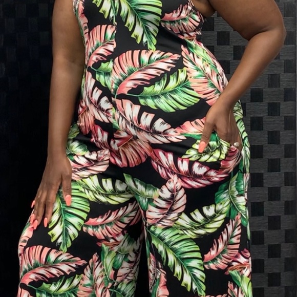 New Without Tags - Wide leg, Palm Leaf Jumpsuit - Picture 4 of 7